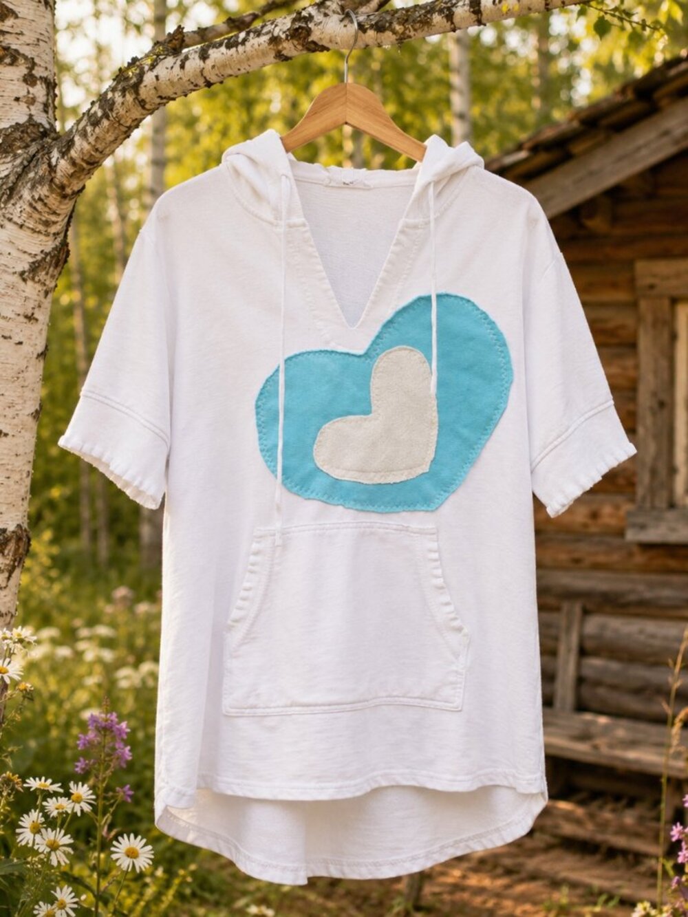One of a Kind Upcycled Heart Hoodie 1X White Boho Cottagecore Wearable Art